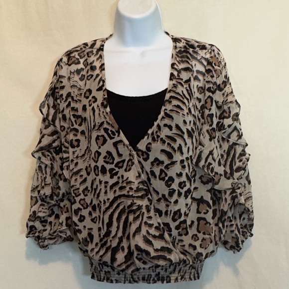 Democracy Tops - H-122 Democracy‎ Cream Brown & Black Animal Print Ruffle Sleeve Blouse Size XS